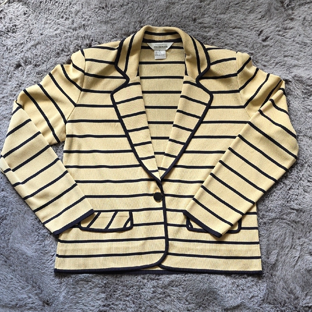 Misook Navy Blue and Gold Blazer Knit Button Cardigan Jacket Size Large